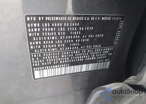 2022 Volkswagen Taos 1.5T Sel из США, поврежденный, VIN 3VV2X7B22NM039917